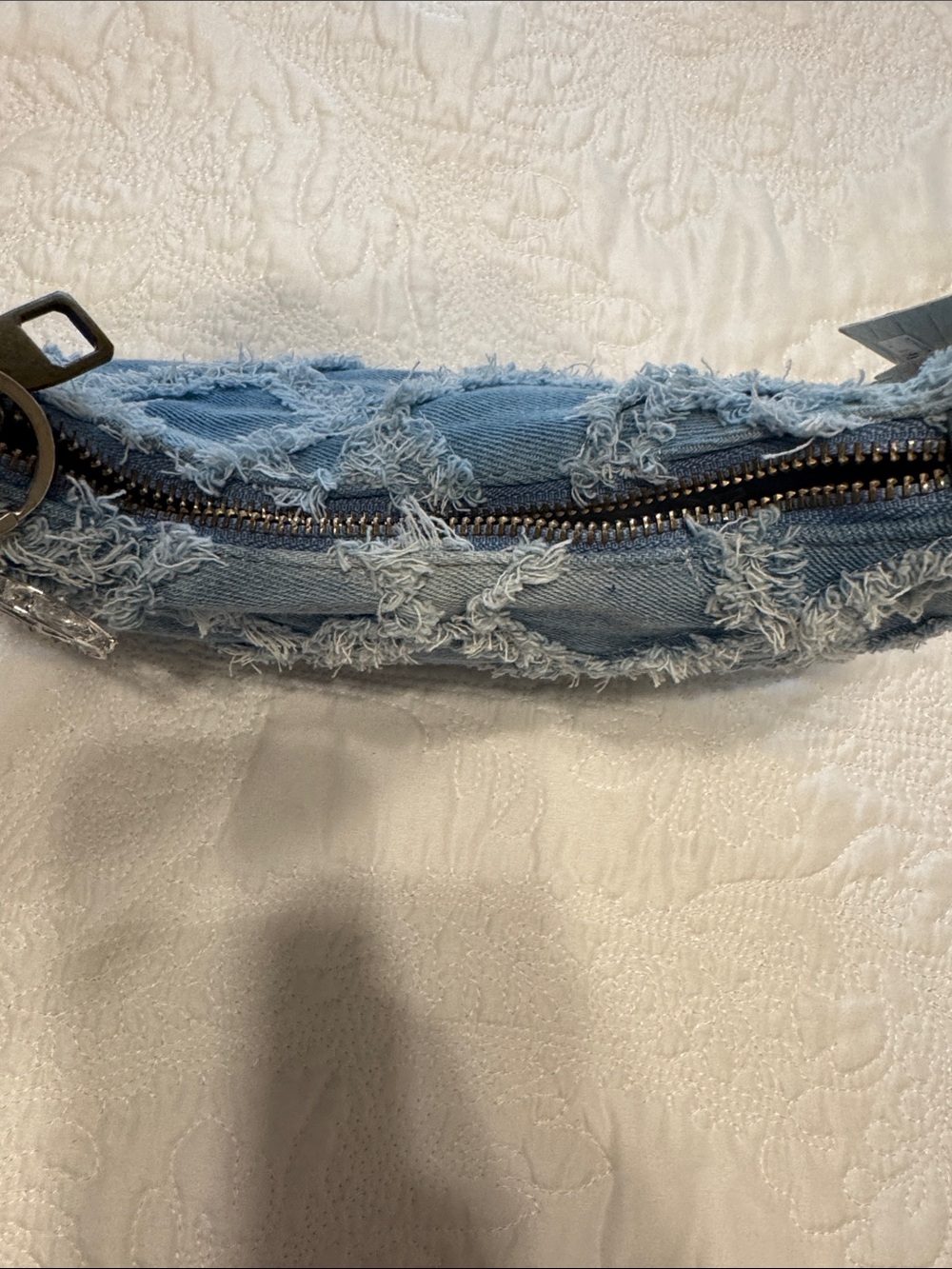 Light Blue Denim Shoulder Bag with Frayed Diamond Stitch - Picture 2 of 6